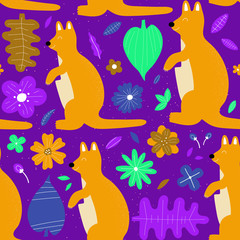 Naklejka na ściany i meble Hand drawn colorful background with kangaroos, flowers and leaves. Cute kids style seamless pattern design. Vector illustration