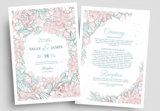 Wedding Invitation Layout with Line Art Floral Borders