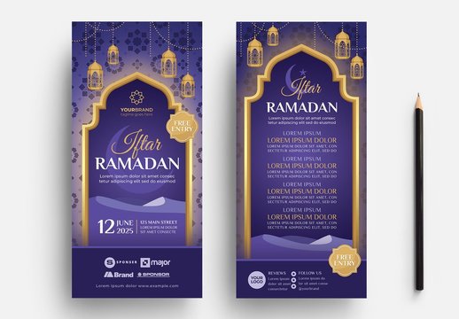 Purple Dl Ramadan Event Flyer Layout with Hanging Lantern Illustrations