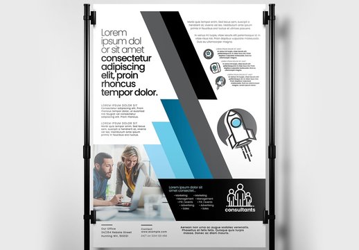 Banner Layout with Blue Diagonal Stripe Elements