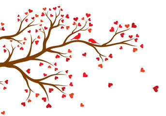 Vector illustration of abstract, decorated with hearts tree branch with couple of birds, in color, isolated, on white background