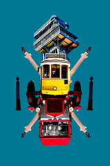 Art collage with an old tram and a car from Lisbon..