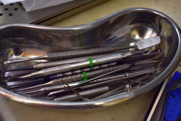 Dirty surgical instruments collected after dental implant surgery