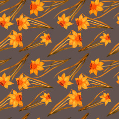 Naklejka na ściany i meble Watercolor seamless pattern with spring flowers: tulips, daffodils, lilac, mimosa. Decorative floral pattern. Colorful nature background. Can be used for wedding invitations or any kind of a design.