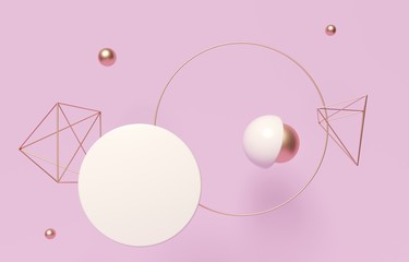 Geometric shapes fly on pink background. Golden balls, circles, pyramids, stands - abstract 3d composition. Bright, summer, spring illustration for ads. Presentation mockup template of goods, products