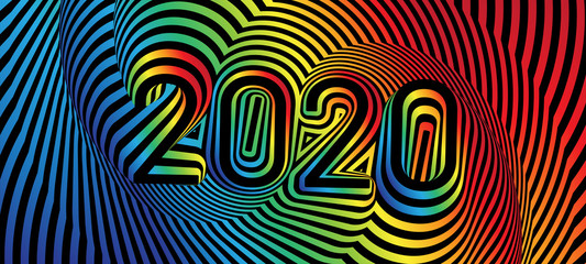 Happy 2020 new year background. Color striped numbers, text. Brochure design template, card, banner. Optical illusion, op art.