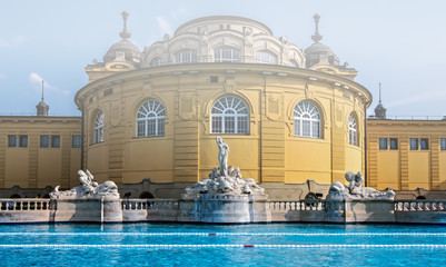 Thermal wellness spa on water massage. Szechenyi thermal baths architectural landmarks Budapest
