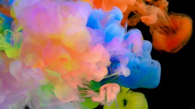 4K, Colorful drops in water, abstract color mix, drop of Ink color mix paint falling on water Colorful ink in water, 4K footage