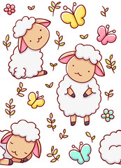 Naklejka premium seamless child pattern, cute sheep and butterflies hand drawn