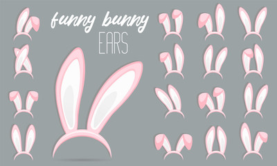 Easter Rabbit ears icons - big set. Collection of masks pink bunny ear on transparent background. Cute headband stickers. Vector illustration - 329611946