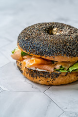 Salmon Bagel Sandwich with Lox Cream Cheese and Poppy Seeds