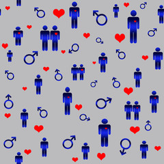 Blue set man, red hearts,  gender symbols, for pattern seamless, material, paper, wallpaper, textil, background