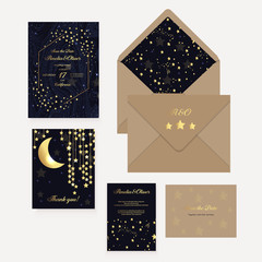 Gold Wedding Invitation, save the date, thank you, rsvp card Design template.  Fairytale magic card.