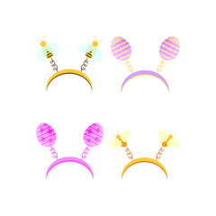 Vector set of carnival hoop on the head. Cartoon headband with Easter eggs and bee isolated on white background. Attribute of costume.