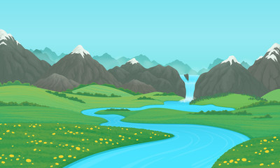 Fototapeta na wymiar Summer landscape with green meadows, river and snow covered mountains with waterfall. Cartoon illustration, card, country background, farming banner template. Vector.