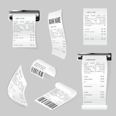 Realistic paper print checks set. Cash dispenser with financial invoice. Shop receipt and purchasing atm bill isolated object. Cash register sales receipts printed on thermal paper vector illustration