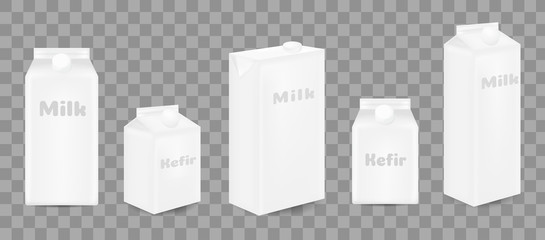 Realistic mockups of cardboard containers for juice or dairy products. Milk, milkshake, yogurt or kefir package set ready for branding. White carton boxes with round screw cap vector illustration.