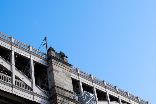 A dynamic angle of part of the High Level Bridge in Newcastle upon Tyne showing the metalwork used to suspend the bridge that spans the River Tyne.