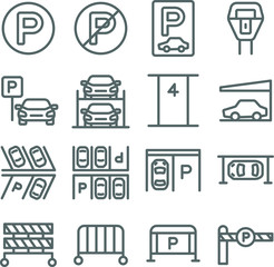 Car Parking set vector illustration. Contains such icon as Parking Gate, Roof, Automatic, Hydraulic, Barrier and more. Expanded Stroke