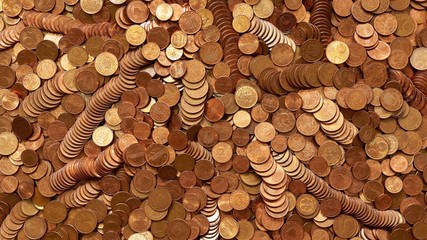 Closeup of many euro cent copper coins