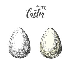 Easter egg in monochrome and color in Sketch style. Hand made lettering -happy Easter.  Vector engraving illustration. 