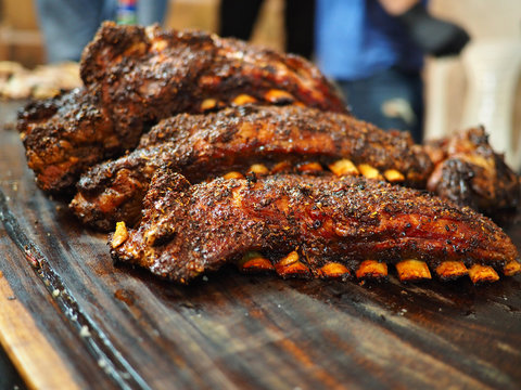 Slabs of BBQ grill Spare Ribs with hot honey chili marinade