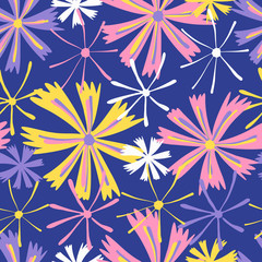 Modern seamless vector botanical pattern with seasonal spring flowers chicory or cornflower in purple tones. Can be used for printing on paper, stickers, badges, bijouterie, cards, textiles. 
