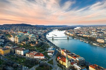 Europe Hungary Budapest Aerial cityscape.  Danube river, Buda castle, Chain bridge margaret island & bridge