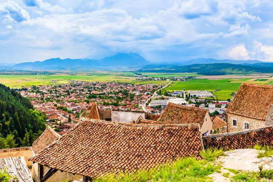 Panorama of Rasnov  town as seen from the walls of the citadel in Rasnov, Brasov County, Transylvania, Romania