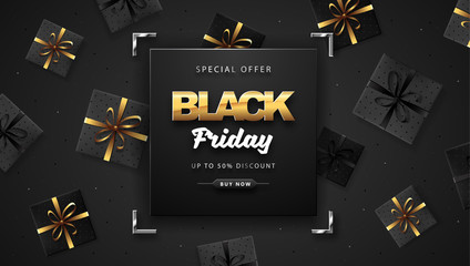 Fototapeta na wymiar Black friday sale banner with gift boxes on dark black background