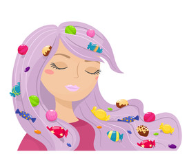 Girl with sweets in her hair. Sweets. Vector illustration in cartoon style.