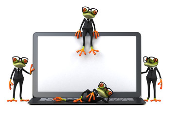 3D Illustration of green frogs next to a laptop