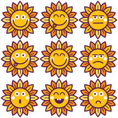 Sunflower emoticon set. Card sticker label icon avatar logo element