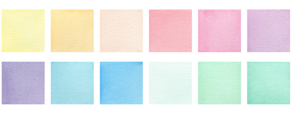 set of watercolor colorful squares isolated on white, pastel colored square design element for poster, invitation, frame or card