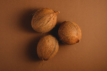 Three coconut fruits on vibrant brown plain background, tropical concept, top view