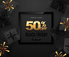Black friday sale banner with gift boxes on dark black background