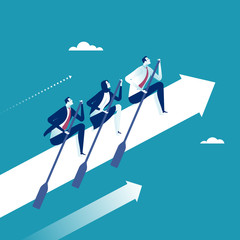 The Team. Group of three business persons rowing and flying on white rising arrow. Business illustration. 