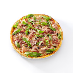 Pizza with Dried Tomatoes, Capers, Prosciutto, Arugula and Mozzarella