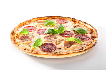 Pizza with Ham, Salami and Italian Herbs Isolated