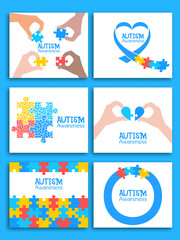 World autism awareness day. Colorful puzzle symbol of autism. Vector illustration. Medical flat illustration. Health care. Set of card, invitation, poster design template. Collection of design element
