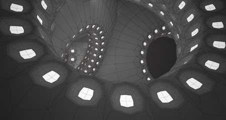 Abstract drawing architectural background. White interior with discs and neon lighting. 3D illustration and rendering.