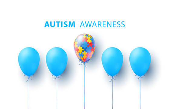 World autism awareness day. Blue, colorful puzzles, balloon, vector background. Symbol of autism. Medical flat illustration. Health care