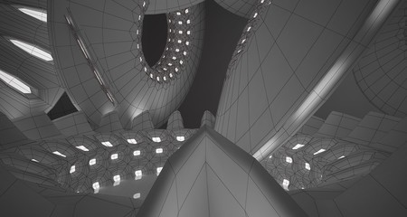 Fototapeta premium Abstract drawing architectural background. White interior with discs and neon lighting. 3D illustration and rendering.