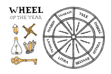 Wiccan wheel of the year concept. Celtic calendar of annual festivals and holidays. Hand drawn vector illustration of pagan witches traditions in sketch style on black background with magic symbols