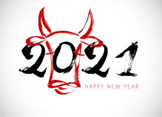 Greeting card design template with Chinese calligraphy for 2021 New Year of the ox, bull, cow. Lunar new year 2021. Zodiac sign for greetings card, invitation, posters, banners, calendar