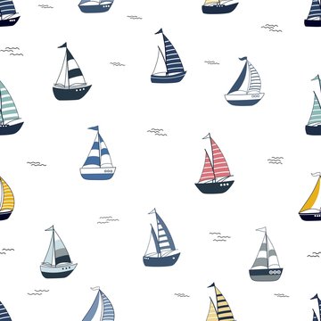Marine seamless pattern with cartoon boats