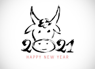 Obraz na płótnie Canvas Greeting card design template with Chinese calligraphy for 2021 New Year of the ox, bull, cow. Lunar new year 2021. Zodiac sign for greetings card, invitation, posters, banners, calendar