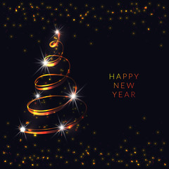 Happy New 2021 Year. Holiday vector illustration. Golden metallic design. 2021 new year background with Christmas tree