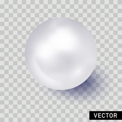Single shiny natural white sea pearl with light effects isolated on transparent background. Vector illustration. 3D pearl ball