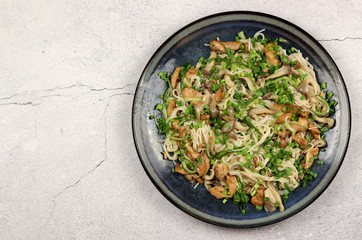 Rice noodles with oyster mushrooms, cucumbers and chicken on a plate on a light background. Top view, flat lay